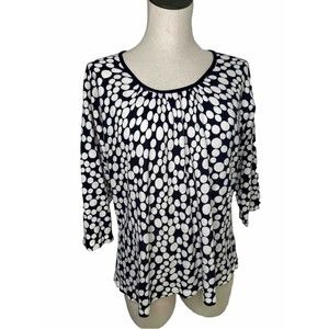Cathy Daniels Navy Blue White Sweater Circles Lightweight Top